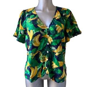 Tropical Shirt Top Cotton/Linen Banana Fruit Novelty Print Coastal V Neck Large